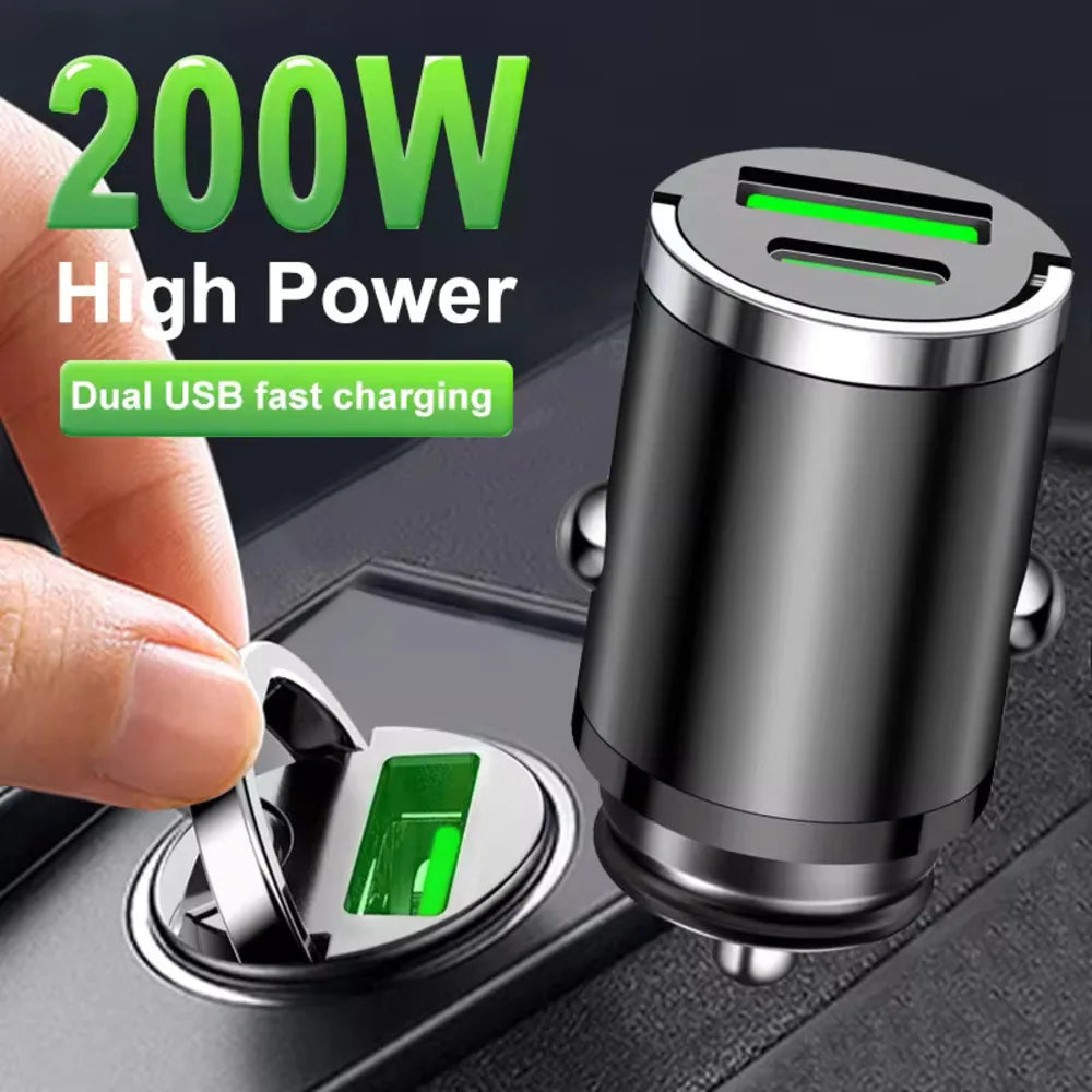 200W Mini Car Charger – USB &amp; Type-C Fast Charge